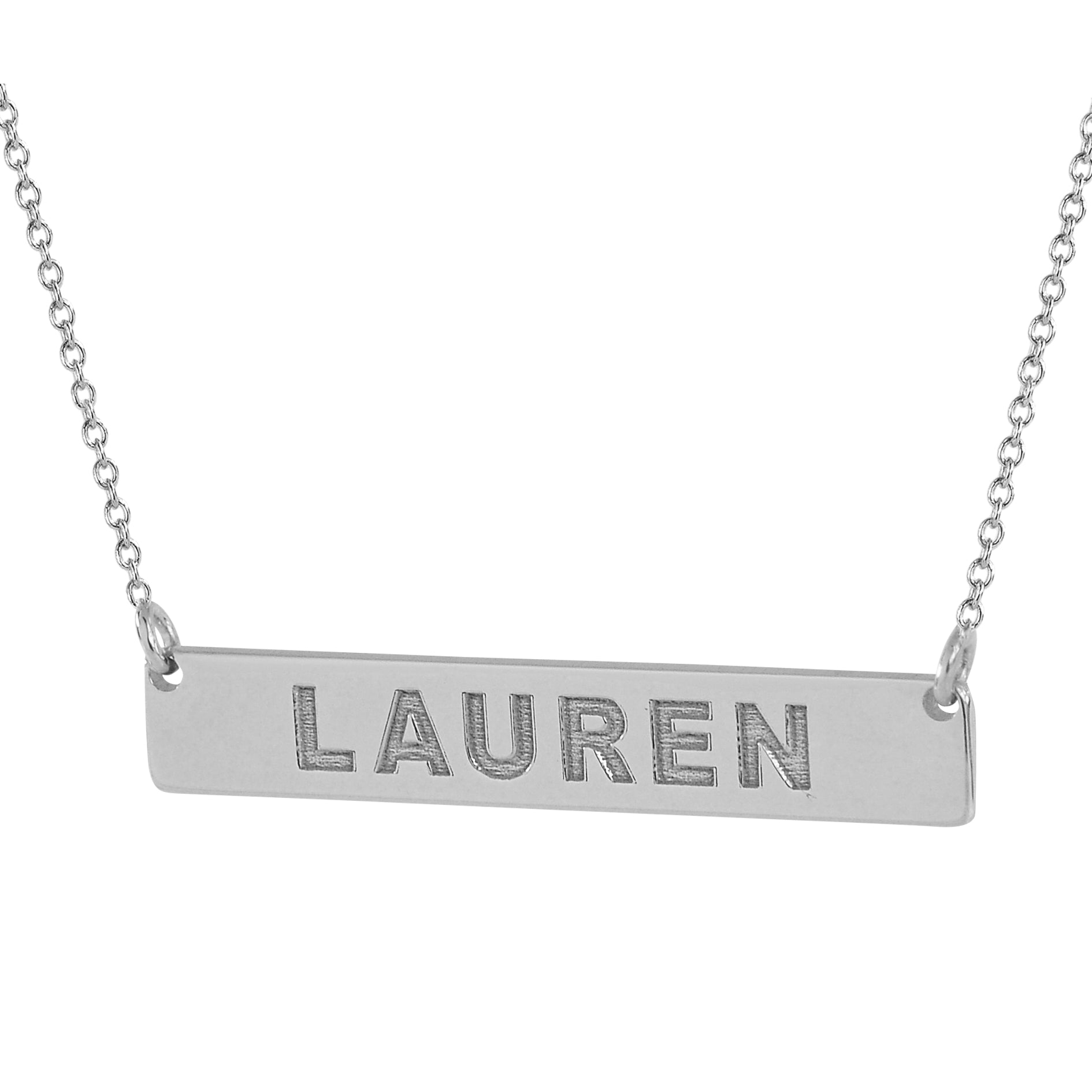 Personalized minimalist solid white gold nameplate bar necklace custom engraved