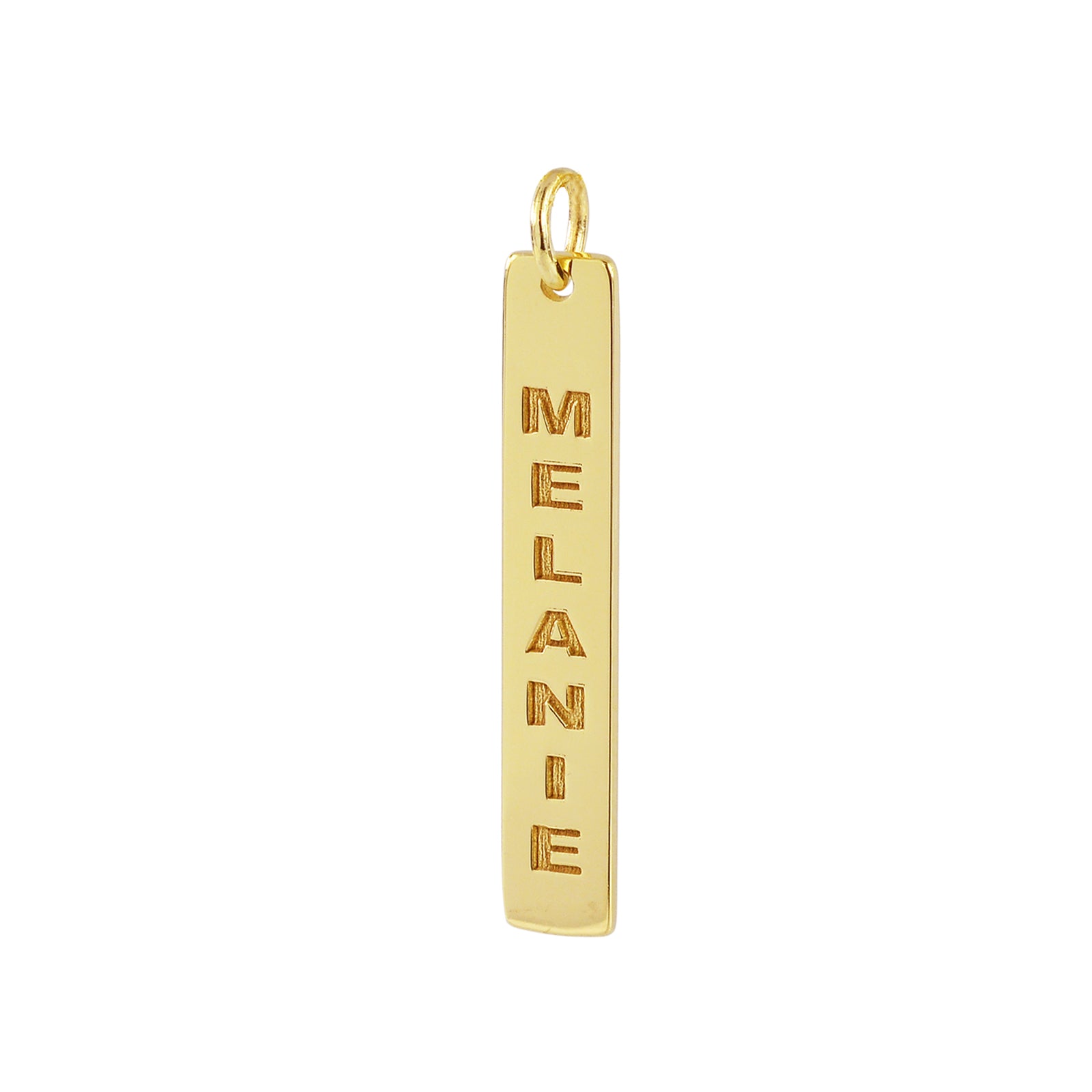 Custom engraved 10k solid gold vertical name bar pendant with vertical block lettering
