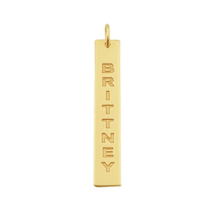 Solid 10k yellow gold vertical bar pendant engraved vertically with custom name BRITTNEY