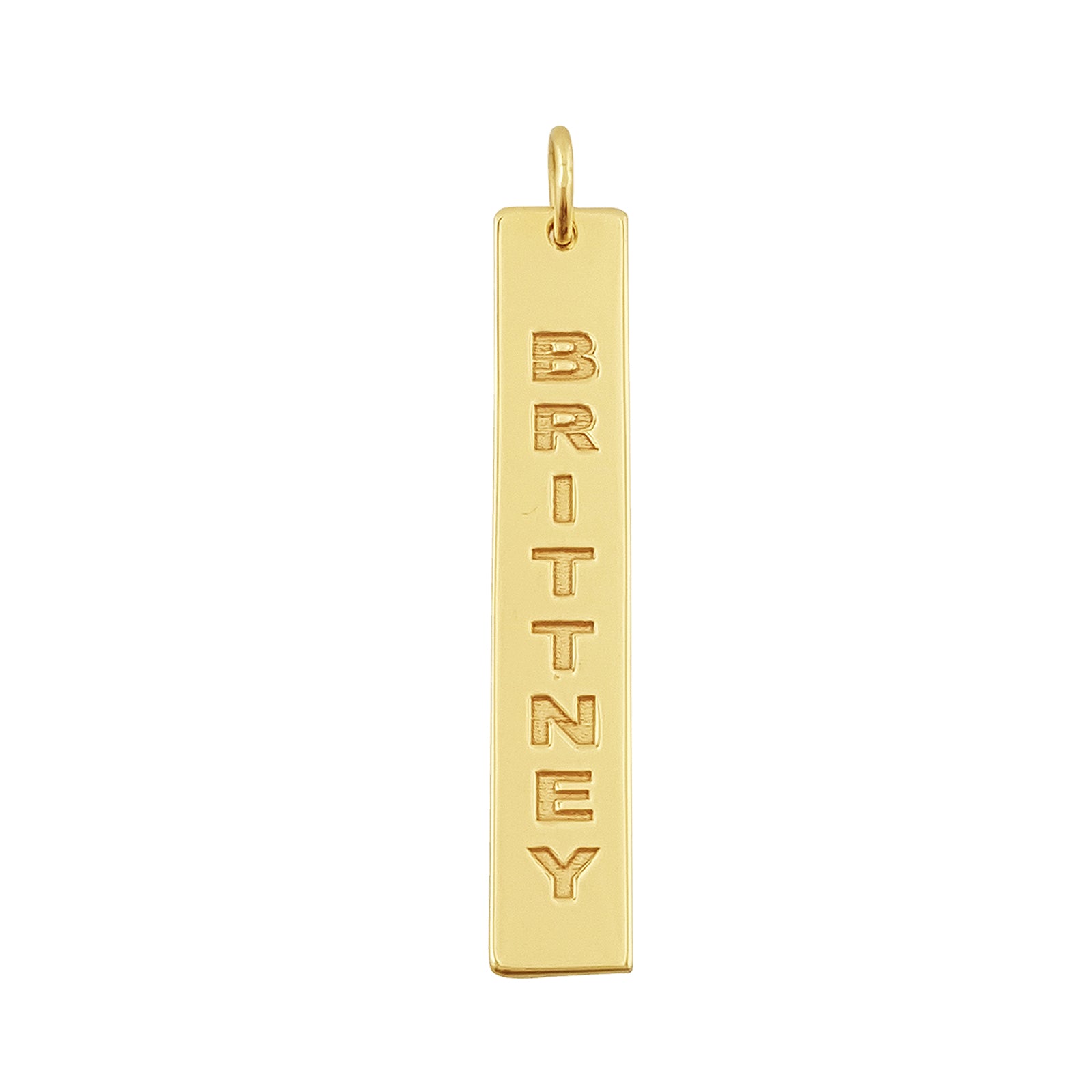 Solid 10k yellow gold vertical bar pendant engraved vertically with custom name BRITTNEY