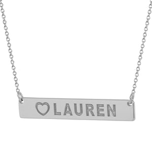 Personalized 14k white gold bar necklace engraved with heart