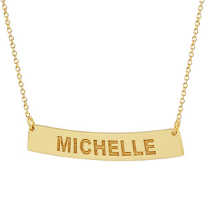 14k solid yellow gold curved bar necklace engraved with name Michelle