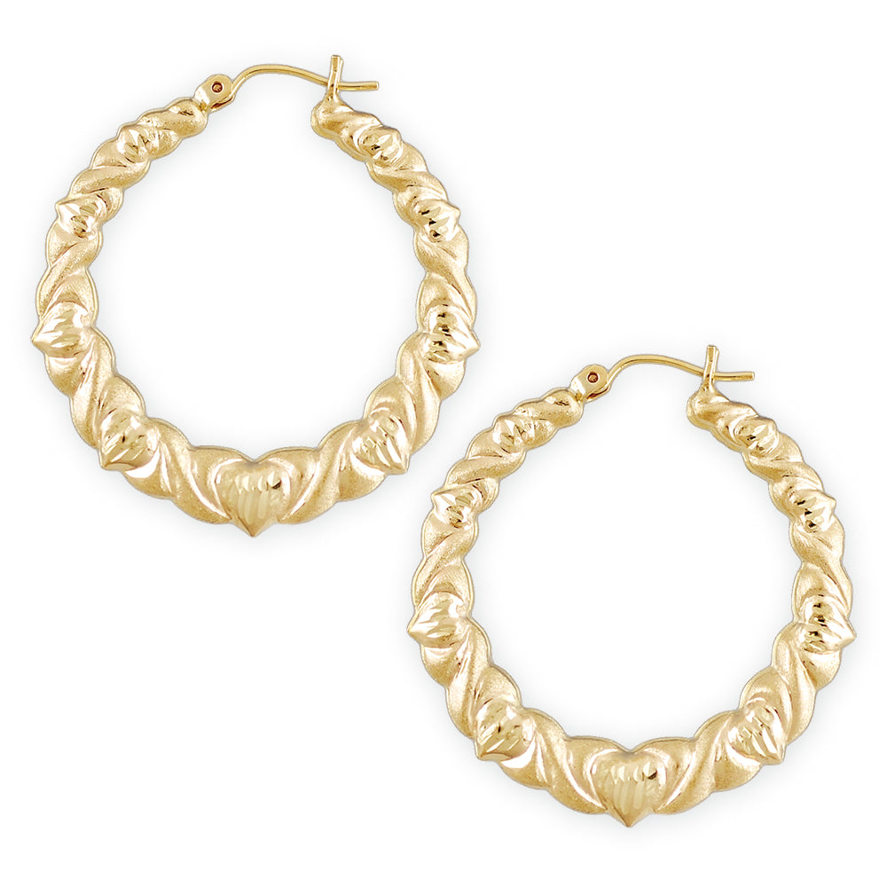 10K yellow gold round XO kisses and hugs door knocker hoop earrings (1.3 inch)