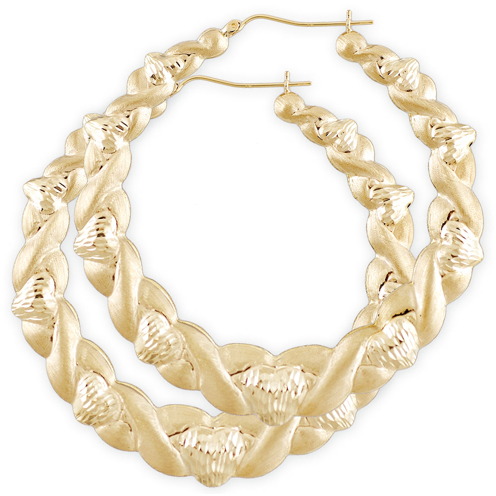 10K Real Yellow Gold XO Diamond Cut Puffed Heart Hoop Earrings 2.75 Inch