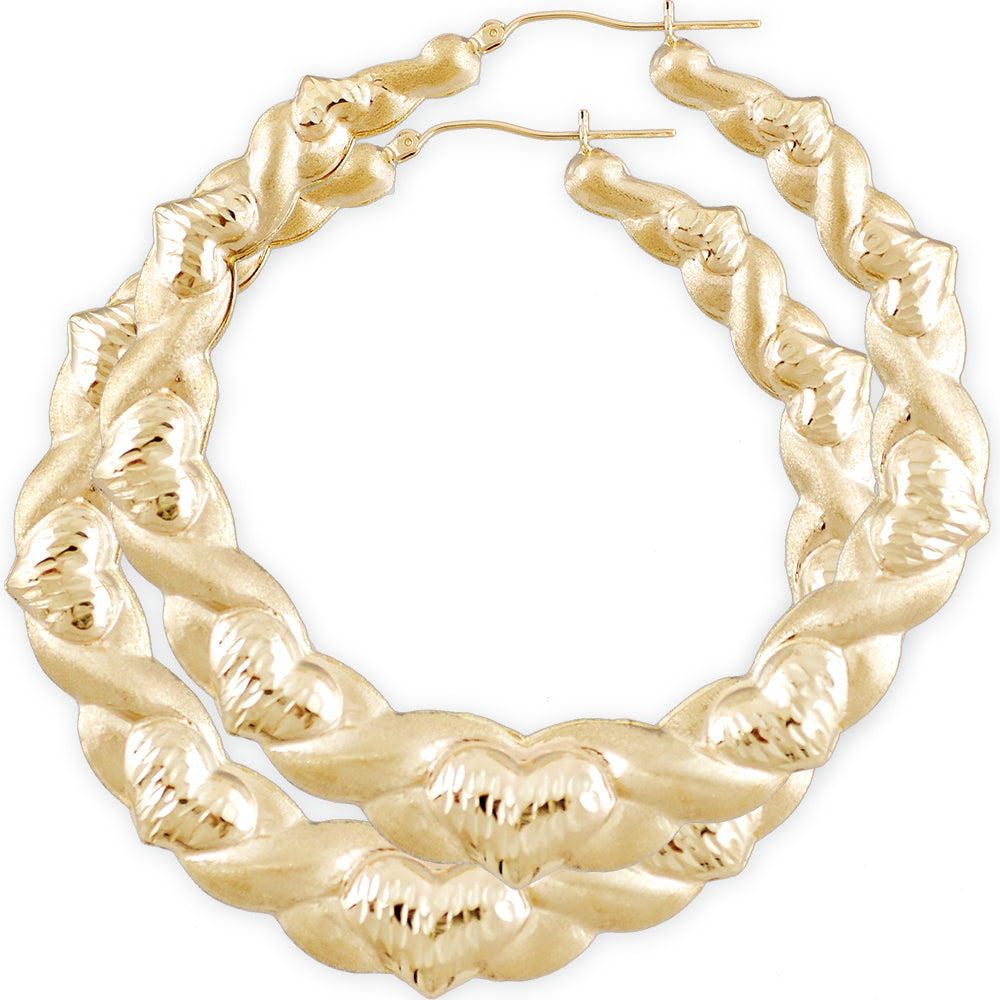 Large 10K yellow gold XO heart doorknocker hoop earrings with diamond-cut design
