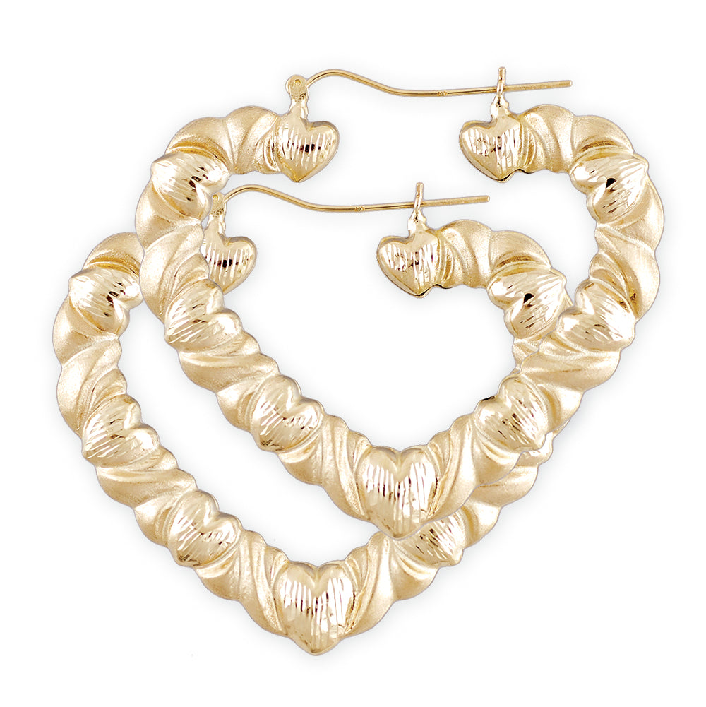 10K Yellow Gold XO Heart Hoop Earrings 2.375 inch large diamond cut doorknockers