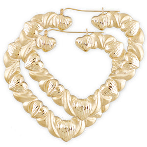 Pair of 10k real yellow gold XO diamond-cut heart door knocker hoop earrings (3 inch)
