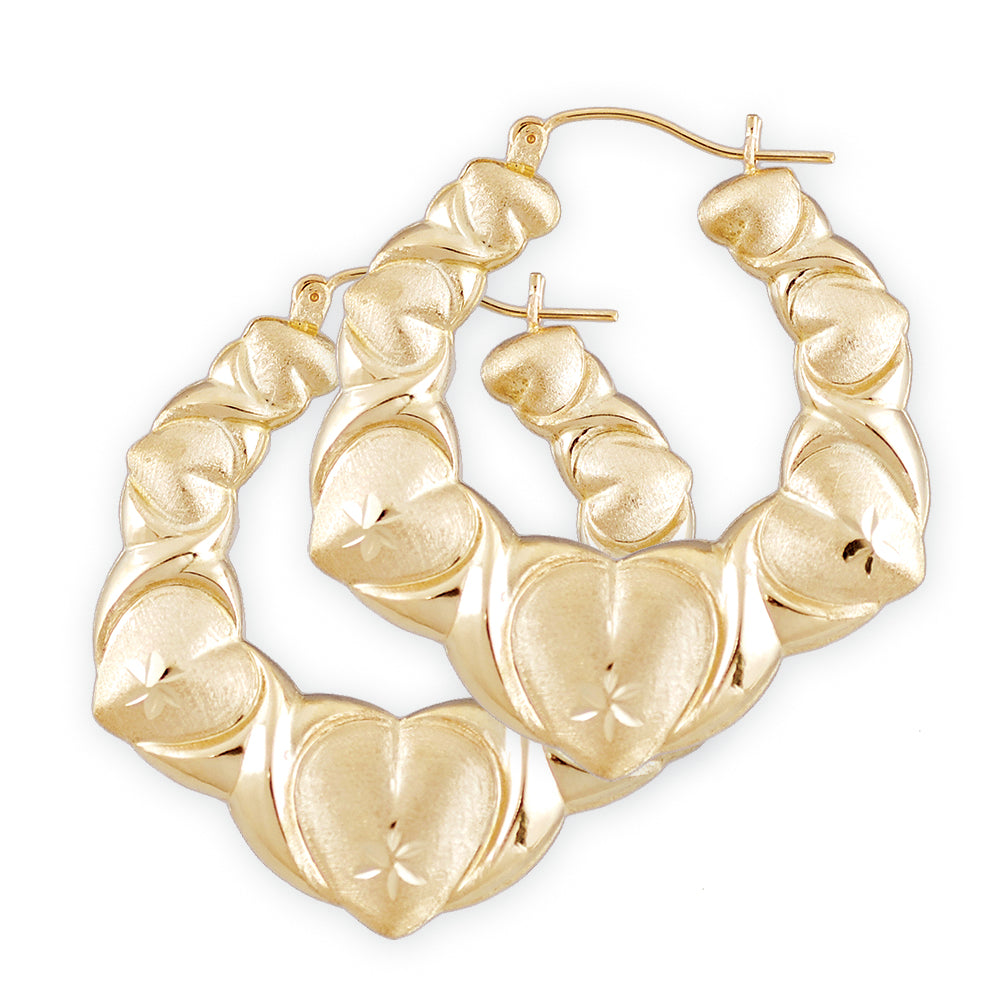 10K solid yellow gold XO heart door knocker hoop earrings - 1.5 inch wide front view
