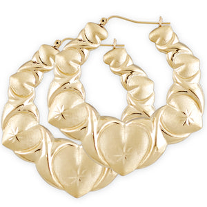 10K yellow gold XO heart puffy doorknocker earrings with diamond-cut pattern