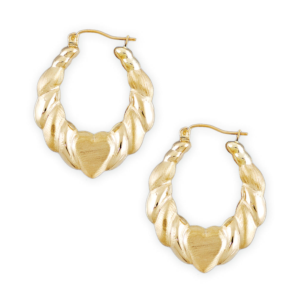 10K solid yellow gold heart drop door knocker hoop earrings