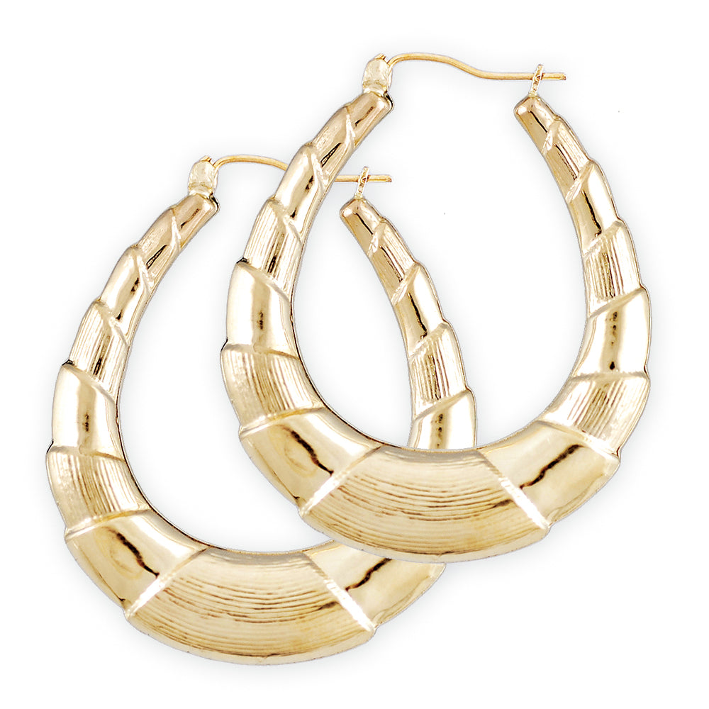 Solid 10k yellow gold skinny shrimp door knocker oval hoop earrings pair