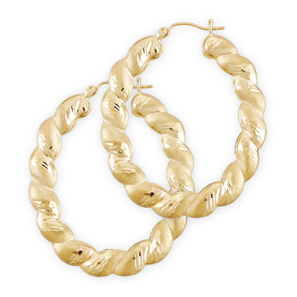 Pair of 10K real yellow gold twisted oval door knocker drop earrings