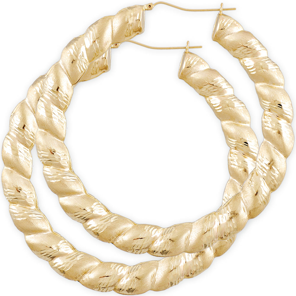 Pair of extra large 10K yellow gold twisted diamond-cut round door knocker hoop earrings (3.3 inches)