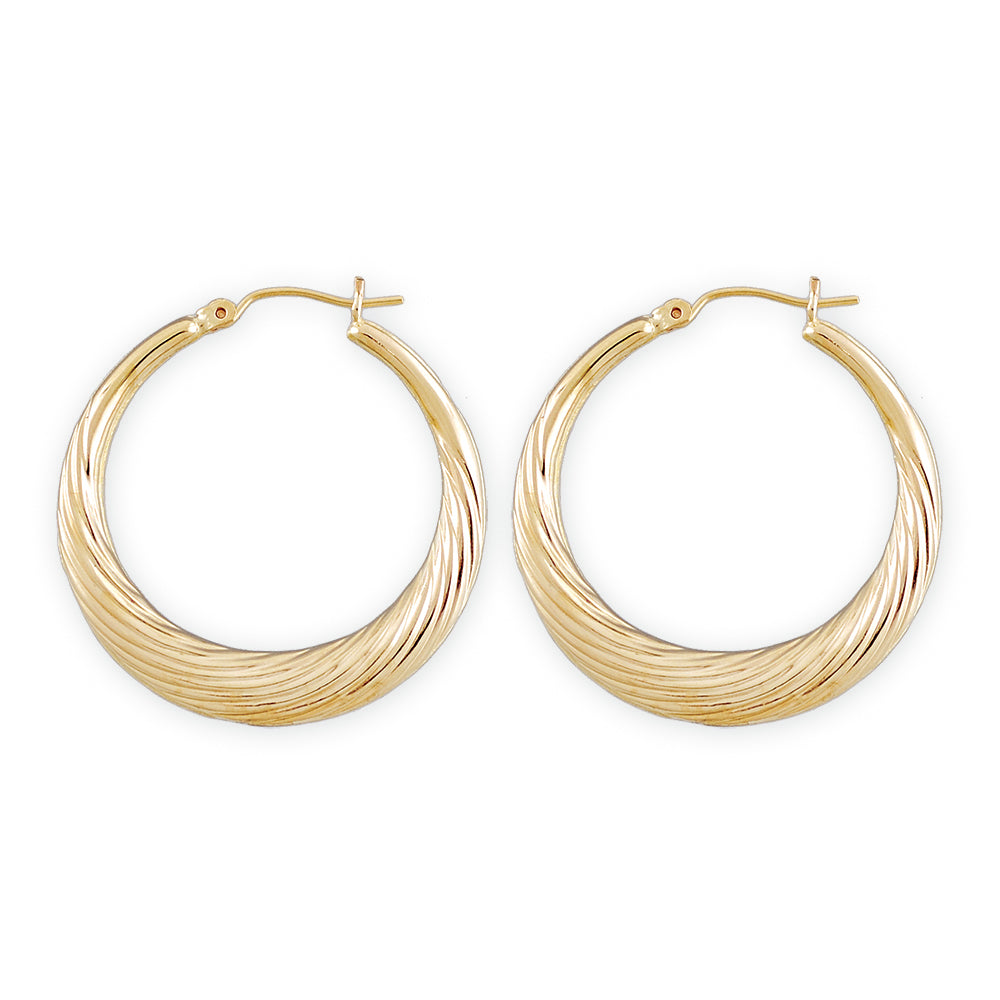 10K solid yellow gold swirl round door knocker hoop earrings - 1.25 inch diameter