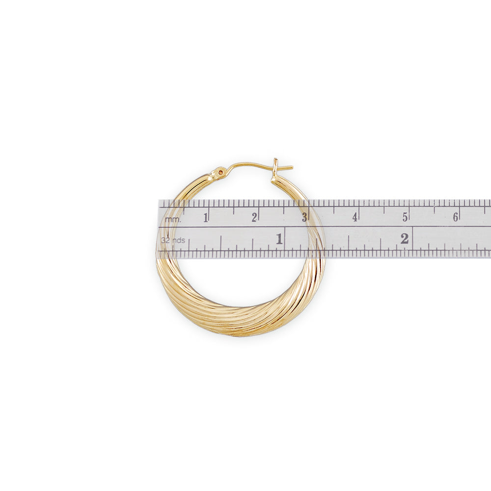 Textured swirl design on 10K yellow gold door knocker hoop earrings with clip bar closure