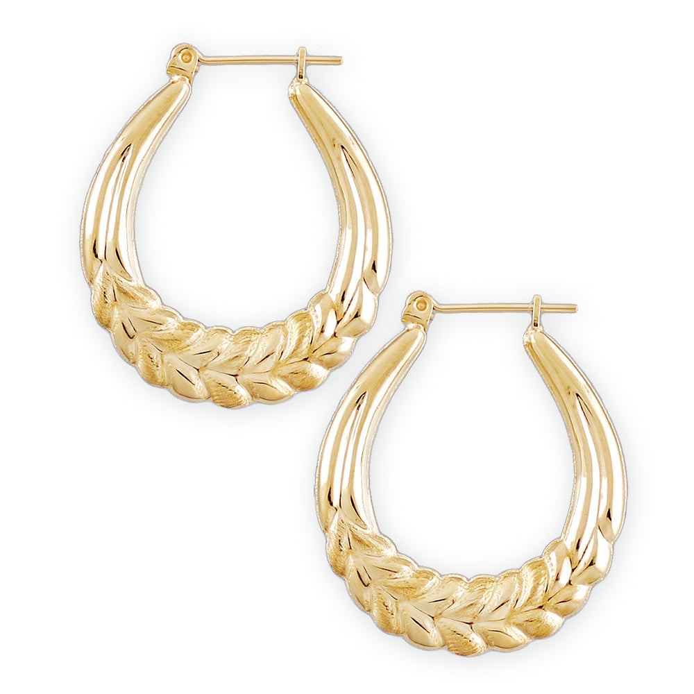 10K solid yellow gold wheat design door knocker hoop earrings 1 inch