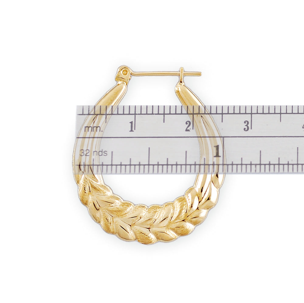 Side profile view of 10K gold small wheat pattern door knocker hoops showing hinged snap closure