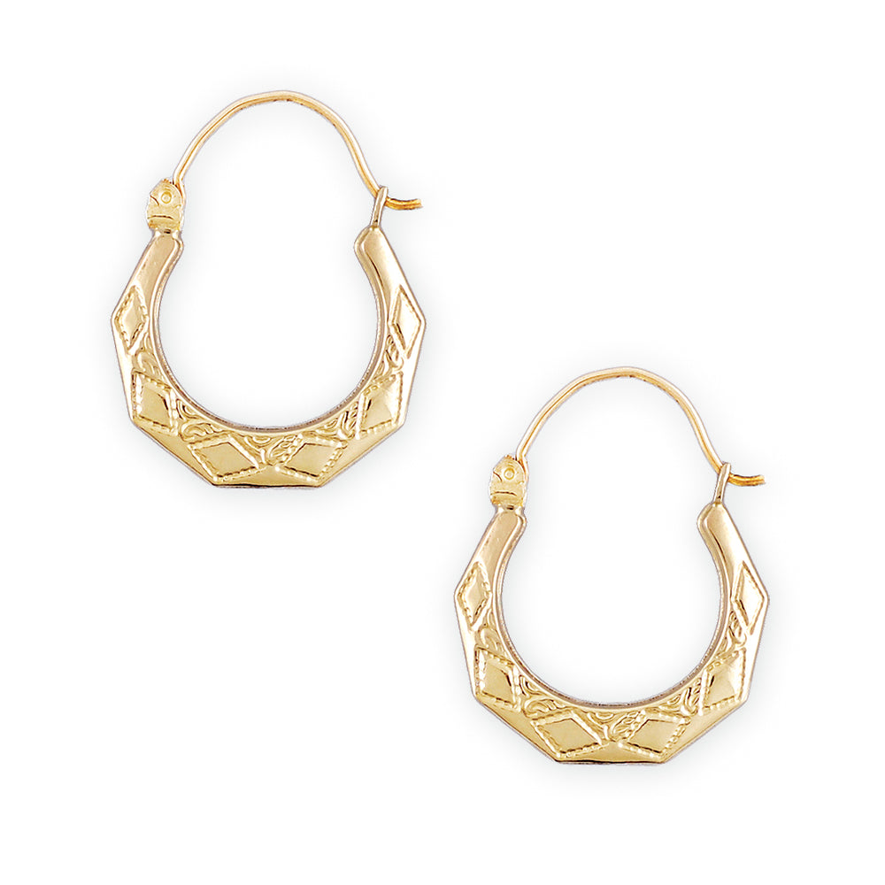 A pair of small 10kt gold hollow drop down earrings with door knocker design, displayed against a white background.