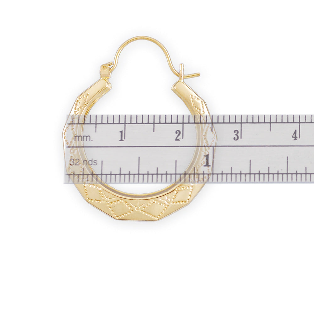 Side profile showing hinged hoop snap closure on 10K gold doorknocker drop earrings