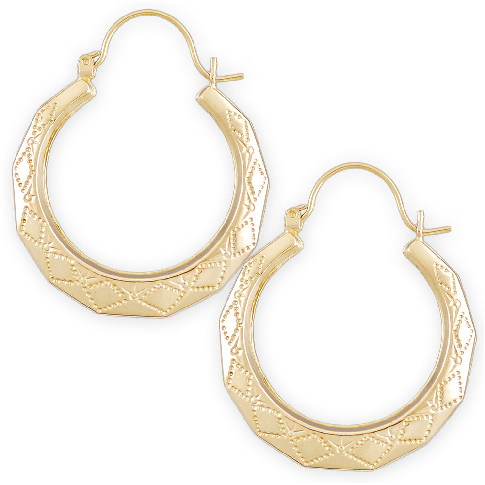 Pair of 10K solid yellow gold puffy door knocker hoop drop earrings, 1.25 inches wide