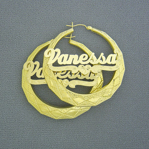 10K real gold personalized name door knocker hoop earrings with cursive lettering and diamond-cut heart design