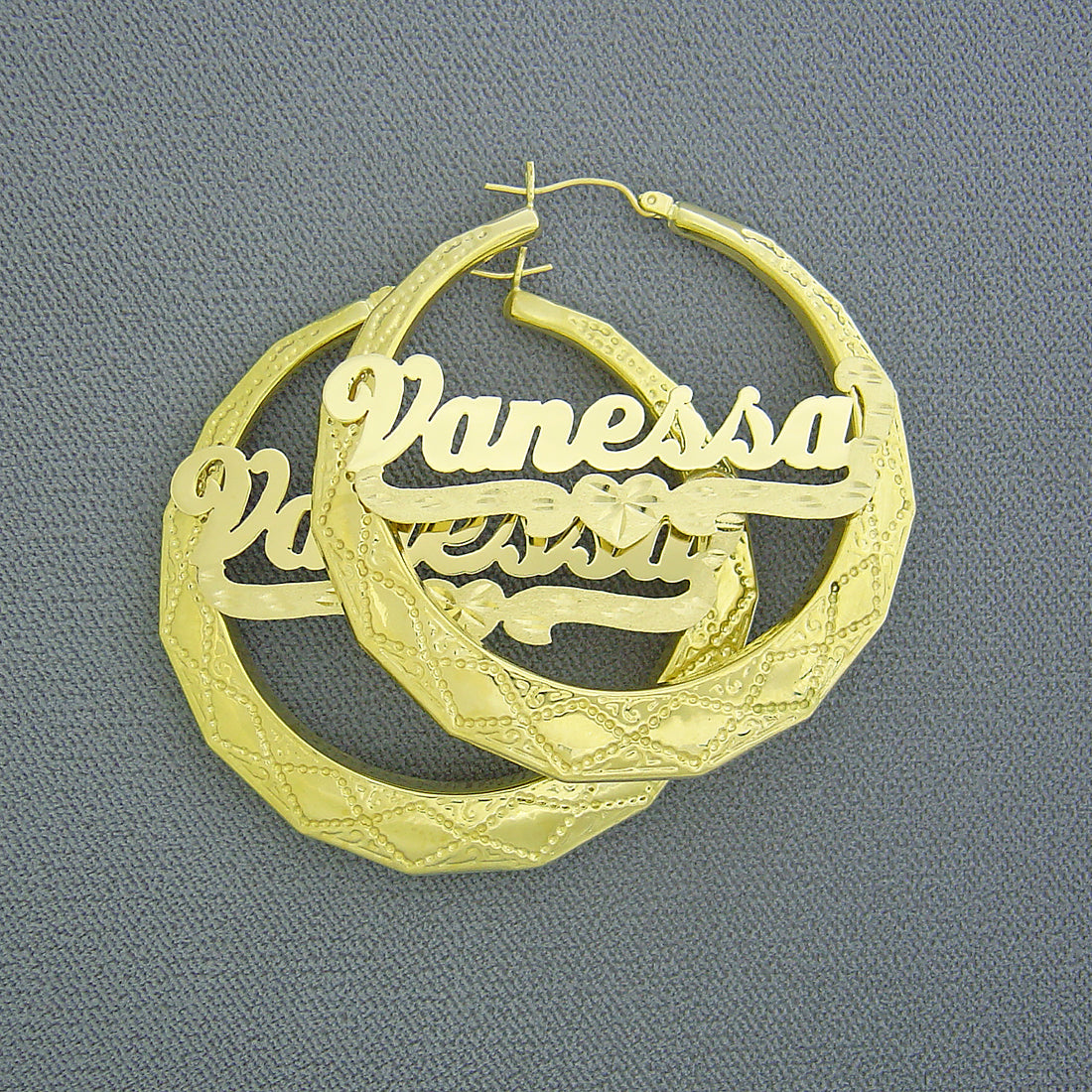 10K real gold personalized name door knocker hoop earrings with cursive lettering and diamond-cut heart design