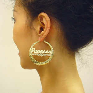 10K real gold personalized name door knocker hoop earrings with cursive lettering and diamond-cut heart design on model