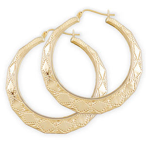 A pair of 10k yellow gold hollow door knocker patterned hoop earrings with a textured surface.