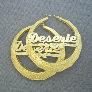 Pair of 10K real gold personalized round doorknocker hoop earrings 2.25 inch with diamond cut heart detailing