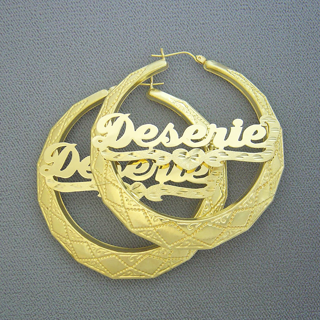 Pair of 10K real gold personalized round doorknocker hoop earrings 2.25 inch with diamond cut heart detailing