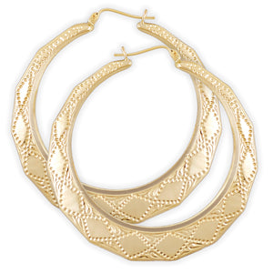 A pair of 10k yellow gold hollow hoop door knocker earrings with a geometric pattern.