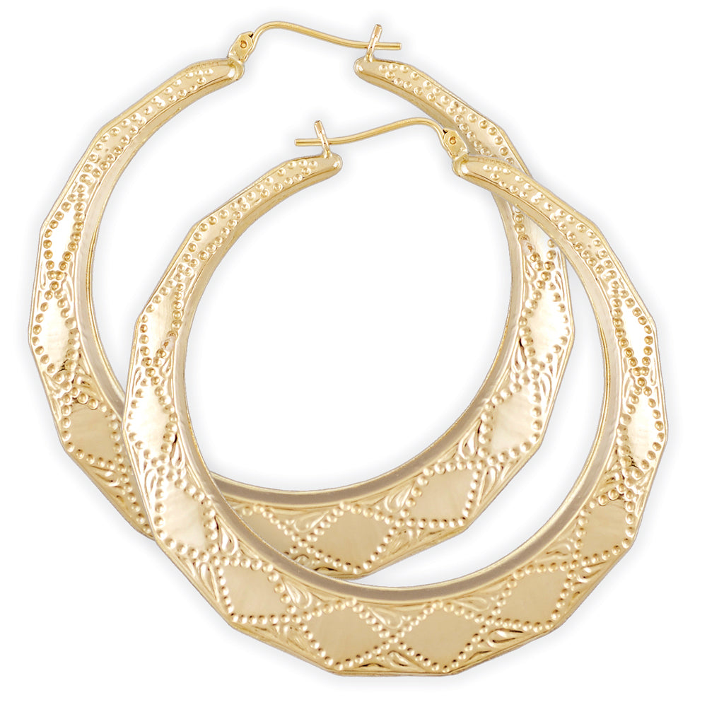 A pair of 10k yellow gold hollow hoop door knocker earrings with a geometric pattern.