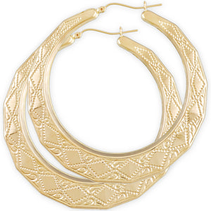 A pair of 10k yellow gold hoop earrings with a geometric pattern and a drop-down clip.
