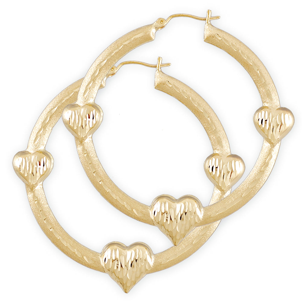 10K solid yellow gold puffy 3-heart doorknocker hoop earrings 2 inch
