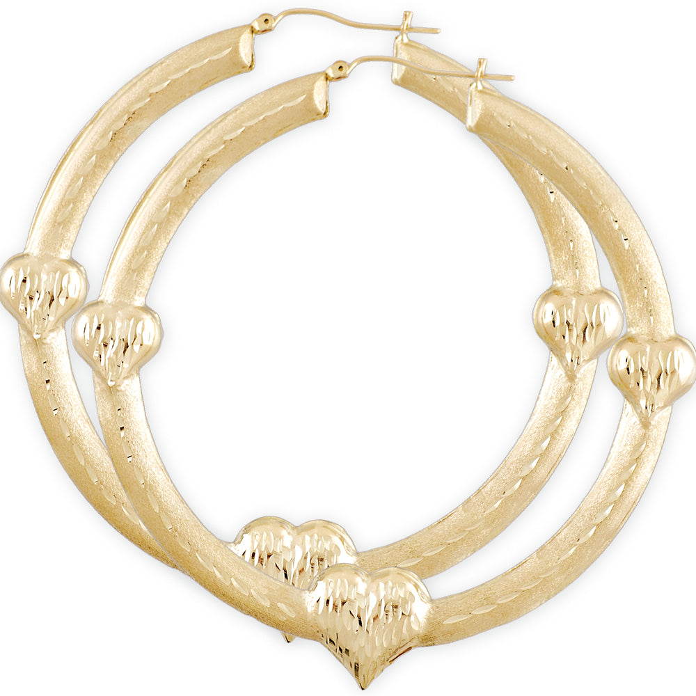 3 inch 10k yellow gold puffy heart door knocker hoop earrings with diamond cut finish