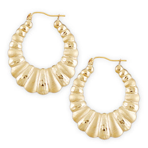 Pair of 10K solid yellow gold diamond cut shrimp door knocker hoop earrings