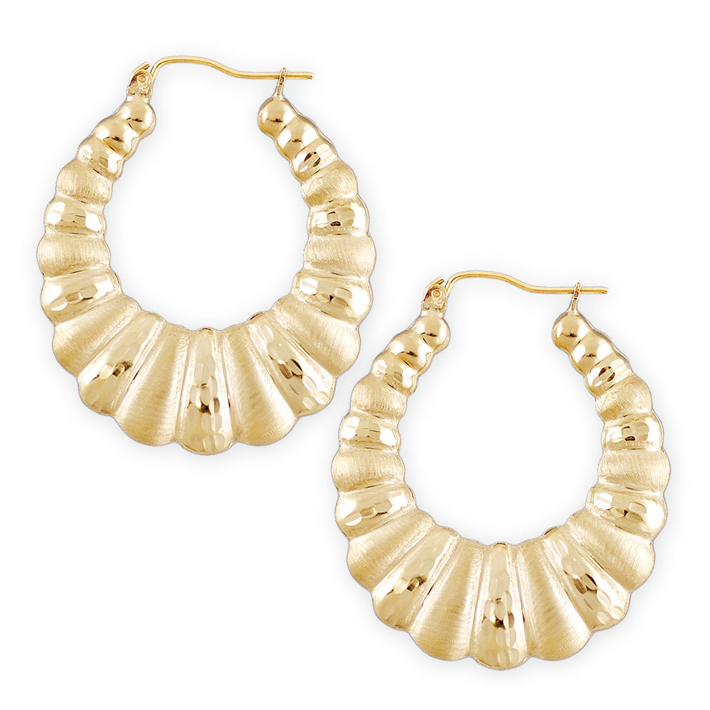 Pair of 10K solid yellow gold diamond cut shrimp door knocker hoop earrings