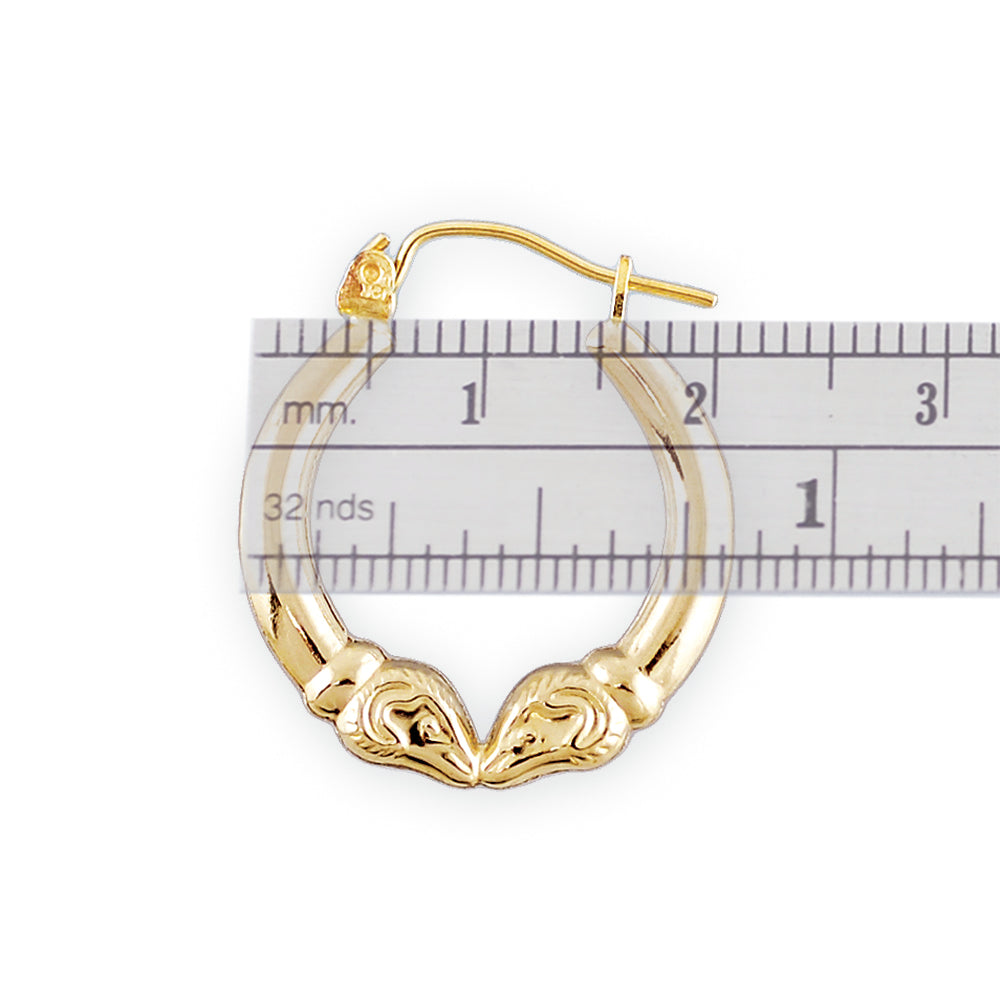 Side view of small 10kt gold 2 ram heads door knocker hoop earrings with secure snap closure