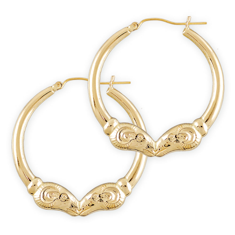 10K solid yellow gold double ram head hoop earrings 40mm 1.6 inch vintage doorknocker style