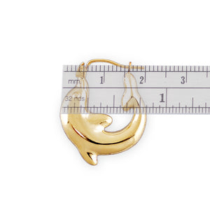 Close-up of 10k solid gold dolphin door knocker hoop earring showing hinged snap closure