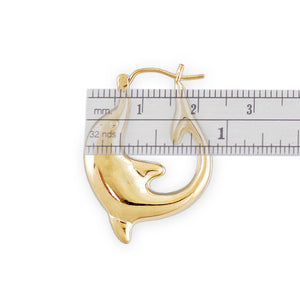 Side profile of 10K gold puffy dolphin hoop earring with hinged snap closure
