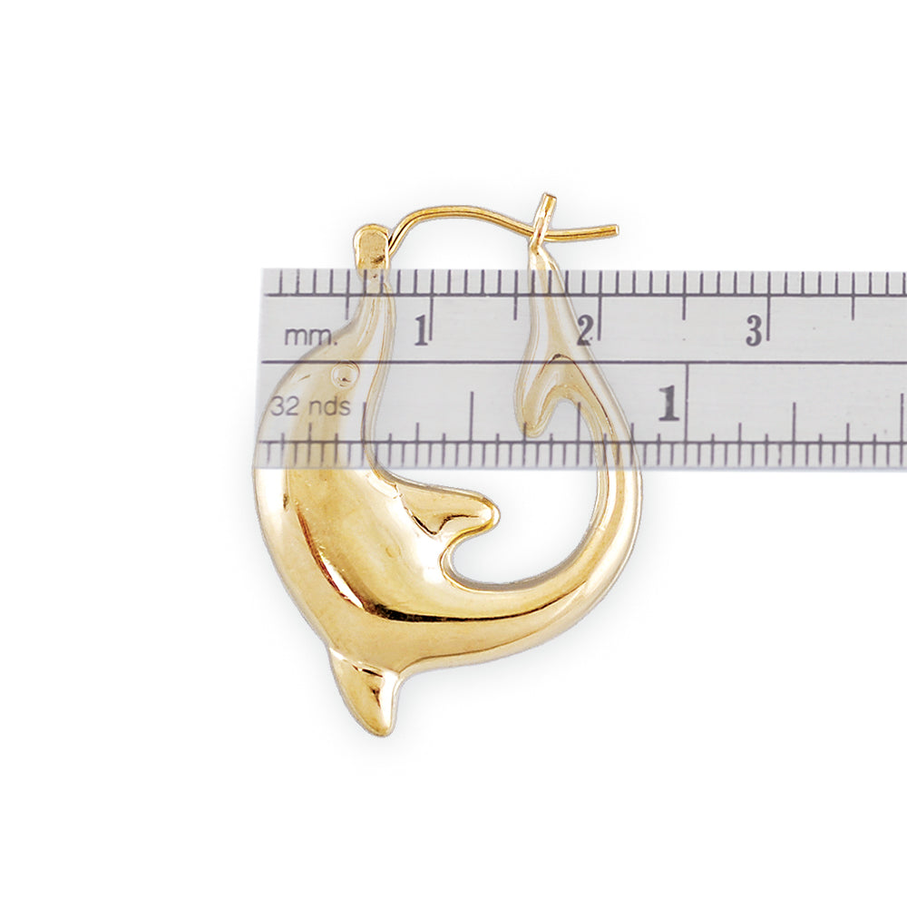 Side profile of 10K gold puffy dolphin hoop earring with hinged snap closure
