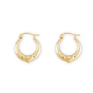 Pair of 10k solid yellow gold heart door knocker hoop earrings with shiny polished finish, 0.75 inch size