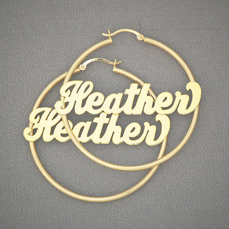 14k yellow gold personalized name hoop earrings 2 inch diameter 2mm tubing