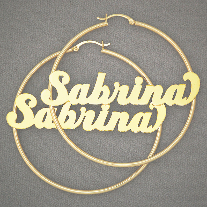 14k yellow gold personalized name hoop earrings 2.3 inch 2mm tubing