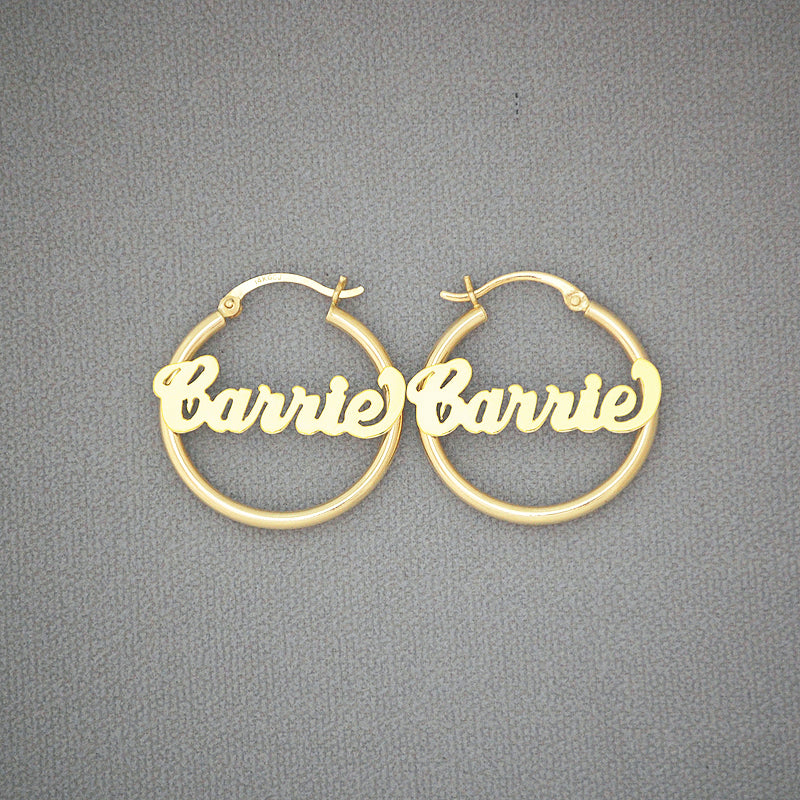 14K solid yellow gold 1 inch personalized name hoop earrings with 2mm tube