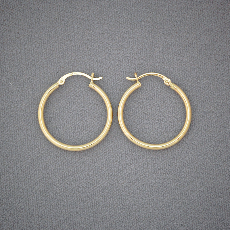 14k Gold 2 mm Shiny Round Tube Circle Hollow Plain Hoop Earrings 1 inch