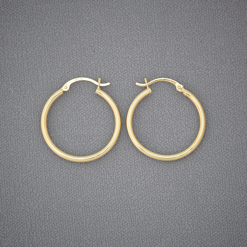 14k yellow gold classic plain hoop earrings, 1 inch diameter with 2mm round tube design