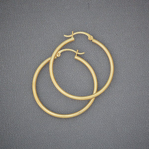 Pair of 14K yellow gold 2mm classic tube hoop earrings - 35mm (1.38 inch)