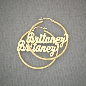 14k solid gold personalized name hoop earrings 1.5 inch with 2mm tubing